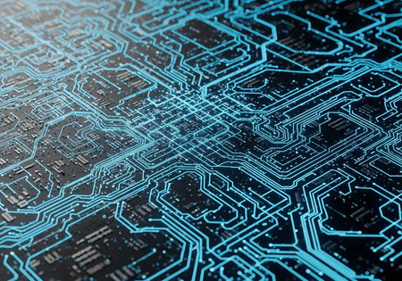 A close-up view of a circuit board with blue glowing lines