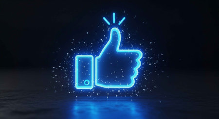 A glowing blue thumbs up icon with a smartphone on a dark backgroundの写真素材