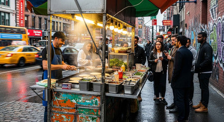 A bustling street food cart in a city on a rainy dayの写真素材