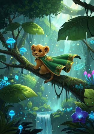 A lion cub wearing a green cape sits on a tree branch in a magical forest with glowing mushrooms and a waterfallの写真素材
