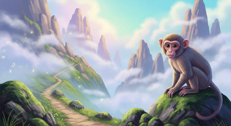 A curious monkey sitting on a rocky outcrop in a mystical mountain landscape