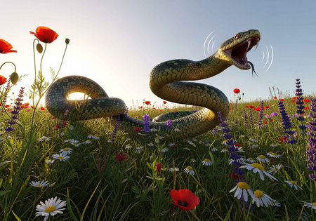 A large snake in a field of colorful wildflowers at sunset