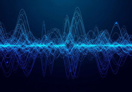 A vibrant blue waveform graphic on a dark background with glowing lines