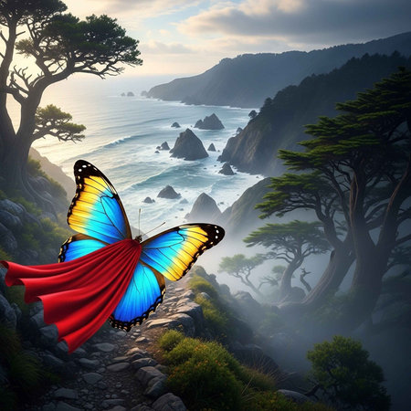 A colorful butterfly with a red cape flies over a scenic coastal landscape