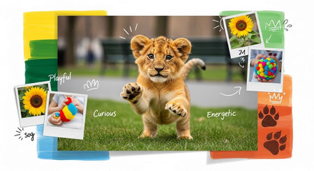 A playful and energetic lion cub running in a park with colorful decorationsの写真素材