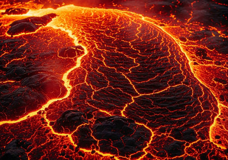 Aerial view of molten lava flows with bright orange cracks and fissures