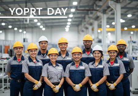 A diverse group of industrial workers wearing safety gear in a factoryの写真素材