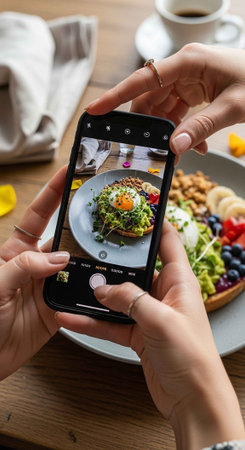 A person taking a photo of a delicious breakfast dish with a smartphone