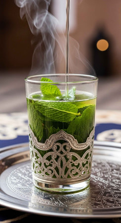 A steaming glass of Moroccan mint tea on a decorative silver trayの写真素材