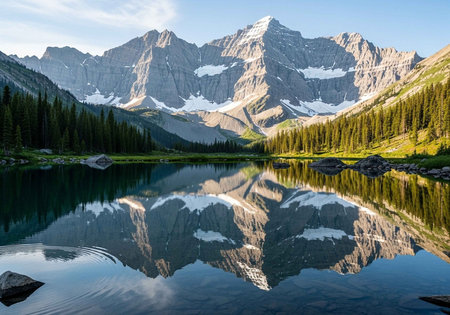A serene mountain lake reflecting a majestic mountain range with snow and treesの写真素材