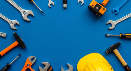 A collection of various tools and equipment on a blue background