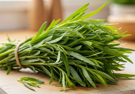 A bunch of fresh tarragon on a wooden cutting board in a kitchen