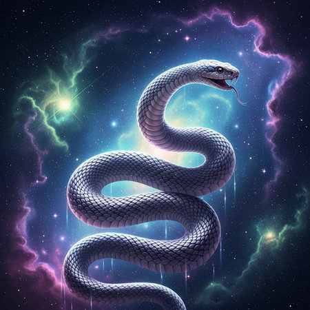 A majestic snake floats in a vibrant, cosmic space environment with lightning.の写真素材
