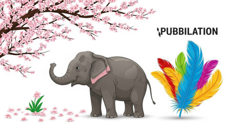 A colorful illustration of an elephant under a blooming cherry blossom tree with vibrant feathersの写真素材