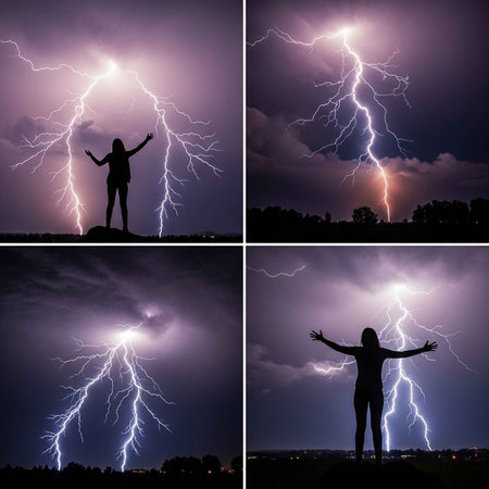 A person stands in awe of a powerful lightning storm at nightの写真素材