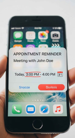 A hand holding a smartphone with an appointment reminder on the screen