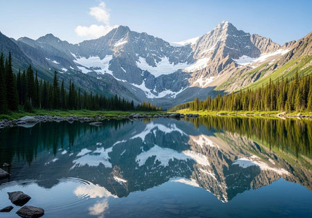 A serene mountain lake reflecting snow-capped peaks and evergreen trees on a clear dayの写真素材