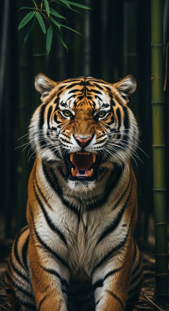 A fierce tiger roaring in a dark bamboo forest with green leavesの写真素材