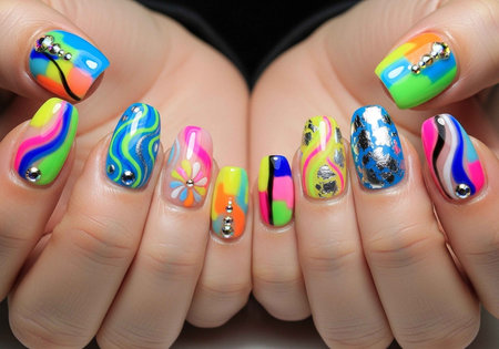 A person showcasing their vibrant and colorful nail art designs on their fingersの写真素材