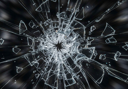 A shattered glass window with cracks and shards on a dark background