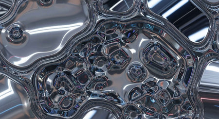 A close-up view of a shiny metallic surface with intricate reflective patternsの写真素材