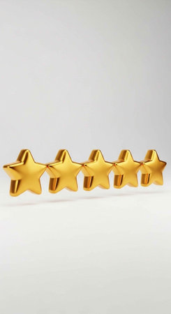 A row of five golden stars on a white background, symbolizing excellence and quality