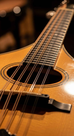 A close-up view of an acoustic guitar with a warm and intimate background