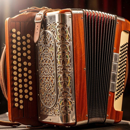 A traditional accordion with intricate metalwork and wooden casing on a dark background