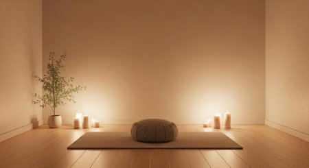 A serene yoga room with a meditation cushion and candles for relaxation