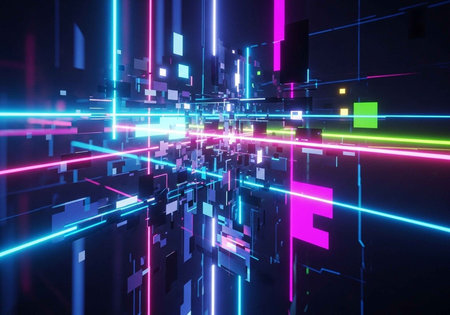 A futuristic cityscape with neon lights and vibrant colors at night