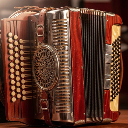 A vintage accordion with intricate metalwork and wooden buttons sits on a table