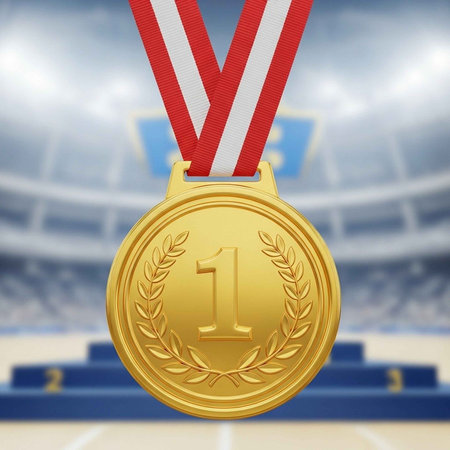 A gold medal with a red and white ribbon hangs in a stadiumの写真素材