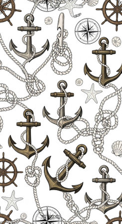 A nautical pattern featuring anchors, ropes, and compasses on a white background
