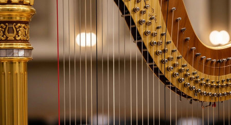 A close-up view of a beautiful golden harp with intricate details and strings