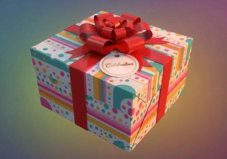 A colorful gift box with a red bow and tag on a gradient background