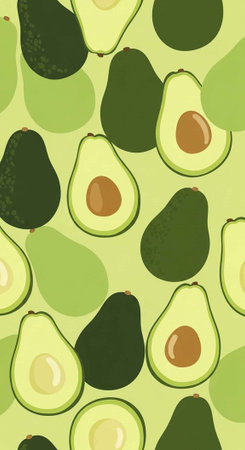A vibrant illustration of avocados and halved avocados on a green background
