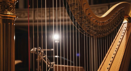 A close-up view of a golden harp in a concert hall with elegant decorの写真素材