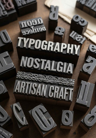 A collection of metal letterpress blocks with typography and artisan craft nostalgia