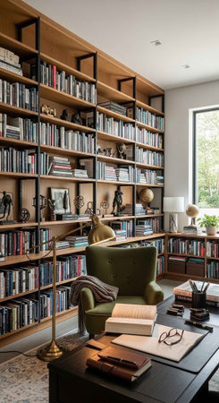 A cozy home office with a large bookshelf and a comfortable reading chair