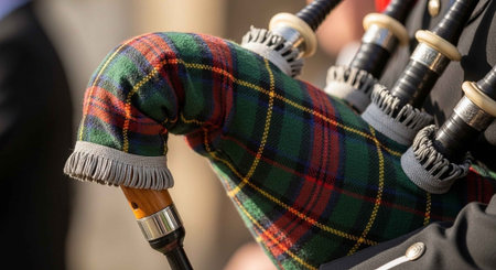 A traditional Scottish bagpipe with a green and red tartan coverの写真素材