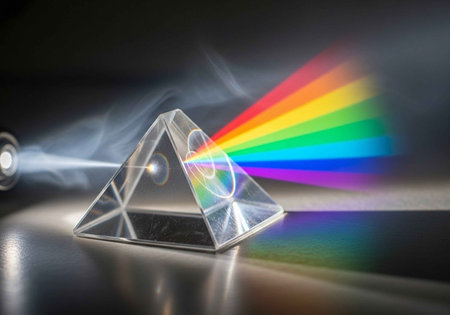 A glass prism refracts a beam of light into a vibrant rainbow spectrumの写真素材