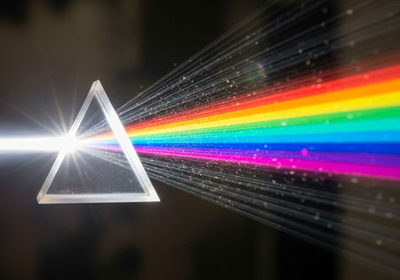 A prism refracts a beam of light into a vibrant rainbow spectrumの写真素材