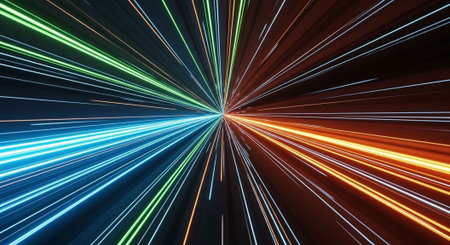 A vibrant abstract image of colorful light streaks radiating from a central point