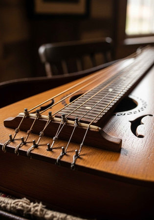 A close-up view of a wooden musical instrument with strings in a room