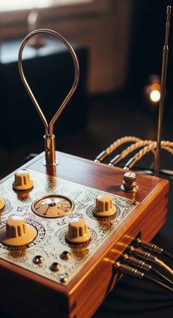 A vintage electronic device with a wooden casing and brass accents sits on a tableの写真素材