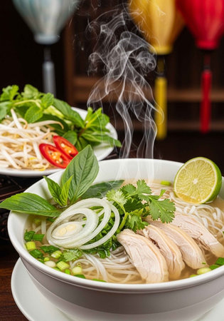 A steaming bowl of Vietnamese chicken noodle soup with fresh herbs and lime