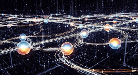 A futuristic digital illustration of glowing planets and swirling lines in space