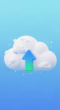 A cloud icon with an upward arrow on a blue gradient background representing data storage and uploadの写真素材