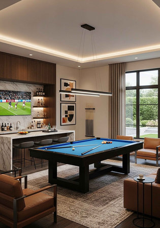 A modern game room with a pool table, bar, and large window overlooking a green landscape