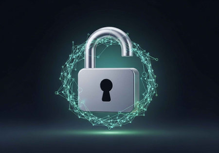 A silver padlock with a glowing green network surrounding it on a dark backgroundの写真素材